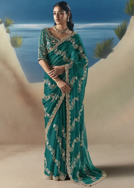 Embellished Teal Organza Silk Saree