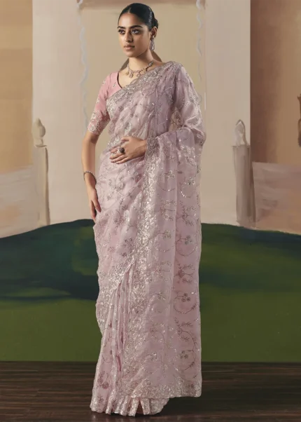 Embroidered Baby Pink Organza Silk Saree