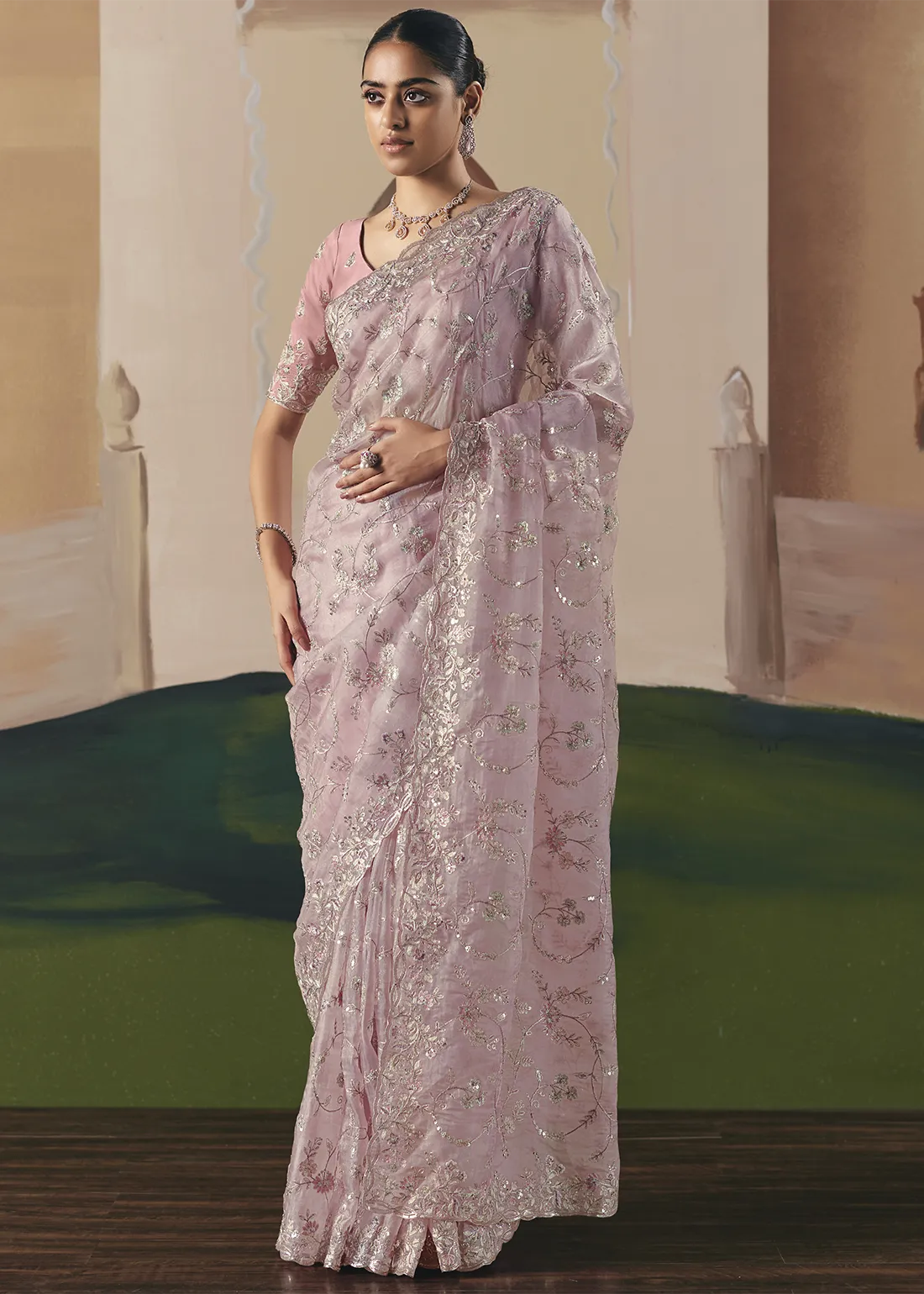 Embroidered Baby Pink Organza Silk Saree Embroidered Baby Pink Organza Silk Saree