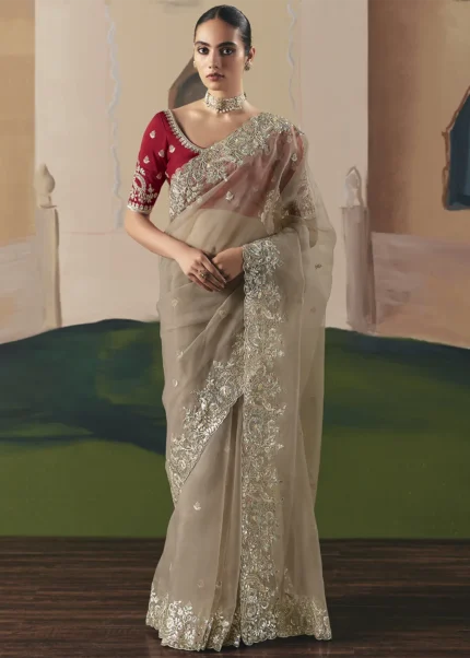 Embroidered Beige Organza Silk Saree