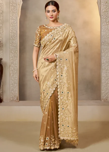 Embroidered Champagne Beige Tissue Silk Saree with Stone Work