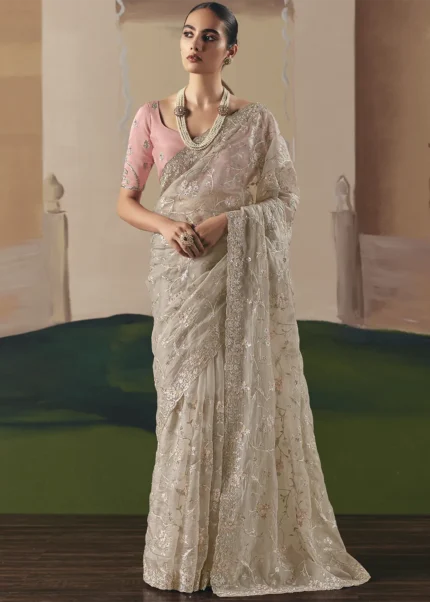 Embroidered Cream Organza Silk Saree