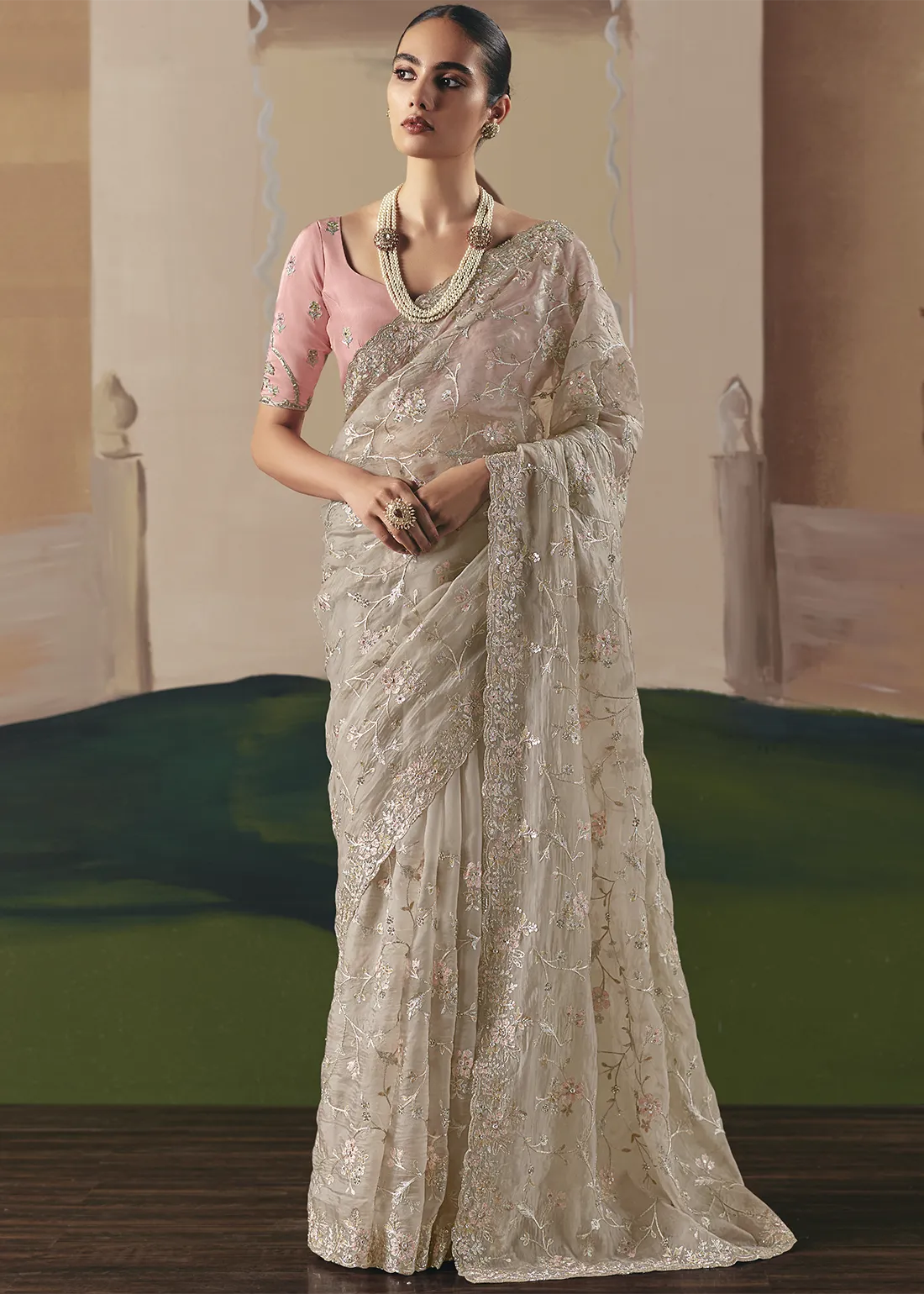 Embroidered Cream Organza Silk Saree Embroidered Cream Organza Silk Saree