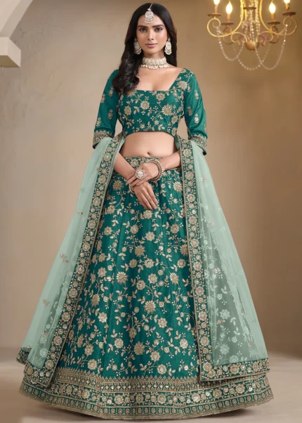 Embroidered Emerald Green Silk Lehenga