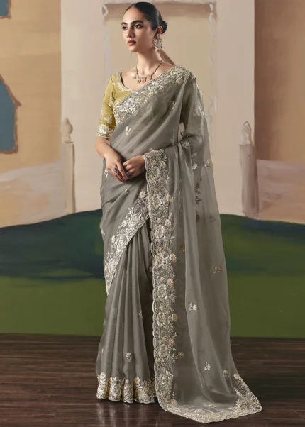 Embroidered Gray Organza Silk Saree