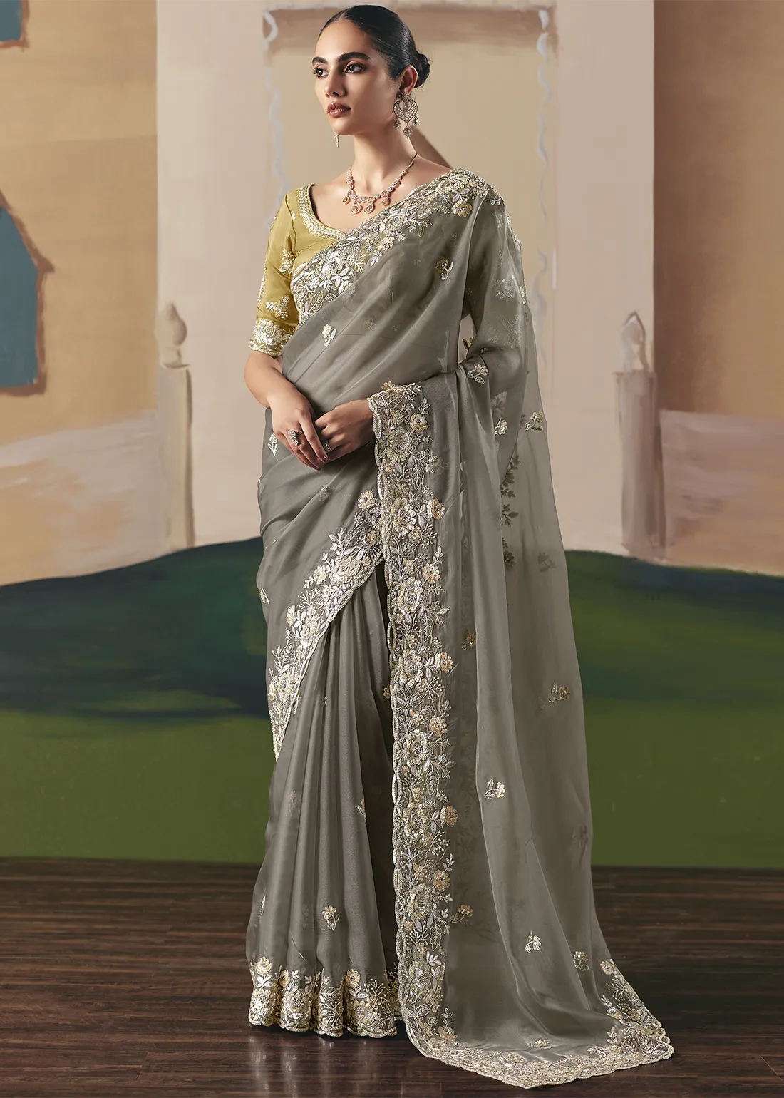 Embroidered Gray Organza Silk Saree Embroidered Gray Organza Silk Saree