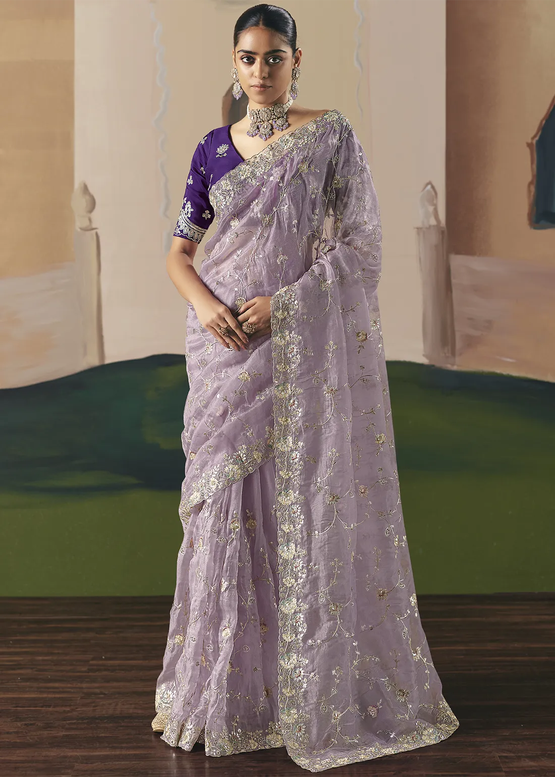 Embroidered Lavender Organza Silk Saree Embroidered Lavender Organza Silk Saree