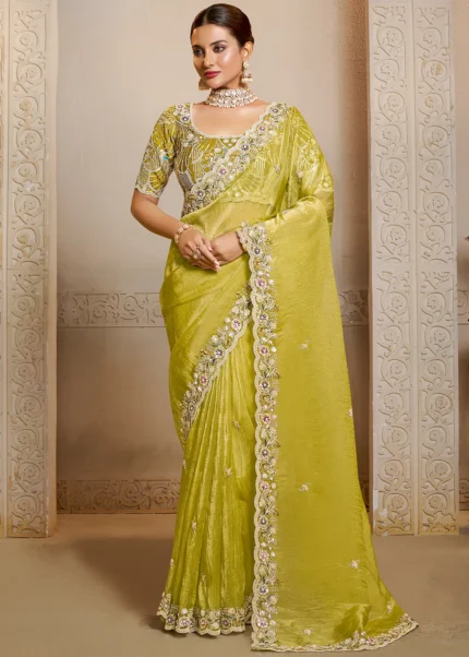 Embroidered Lime Green Designer Organza Saree