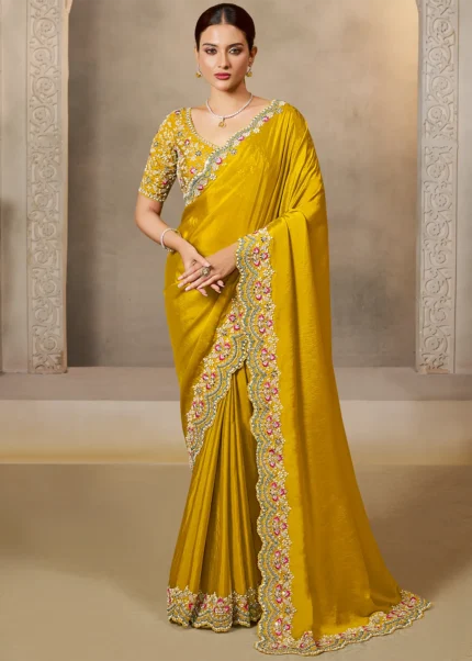 Embroidered Mustard Yellow Designer Satin Silk Saree