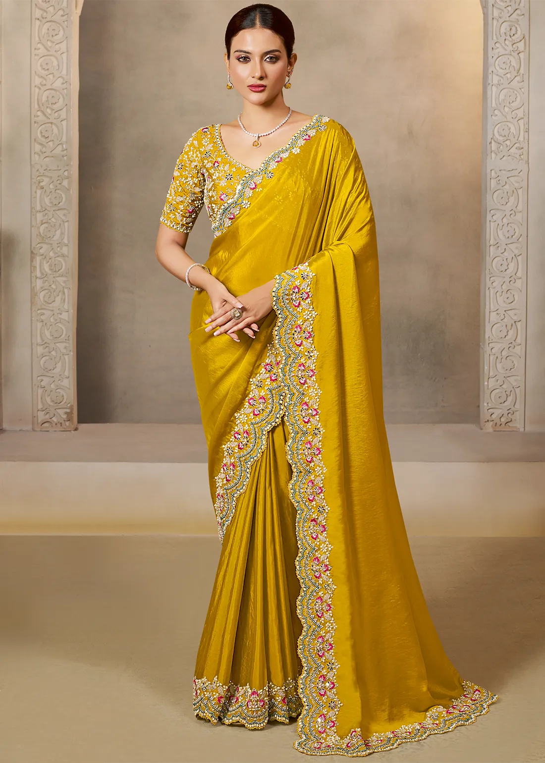 Embroidered Mustard Yellow Designer Satin Silk Saree Embroidered Mustard Yellow Designer Satin Silk Saree