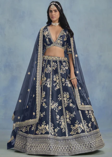 Embroidered Navy Blue Lehenga with Net Dupatta