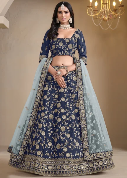 Embroidered Navy Blue Silk Lehenga