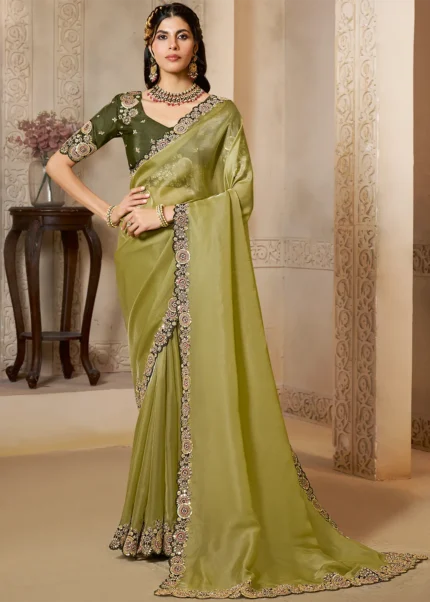Embroidered Olive Green Designer Organza Saree