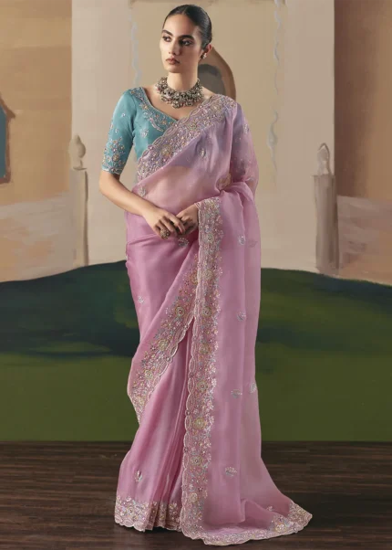 Embroidered Pink Organza Silk Saree