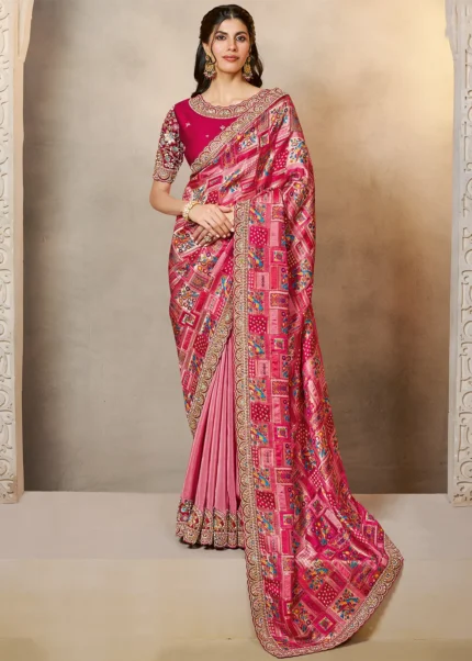 Embroidered Pink Silk Saree with Stone Work