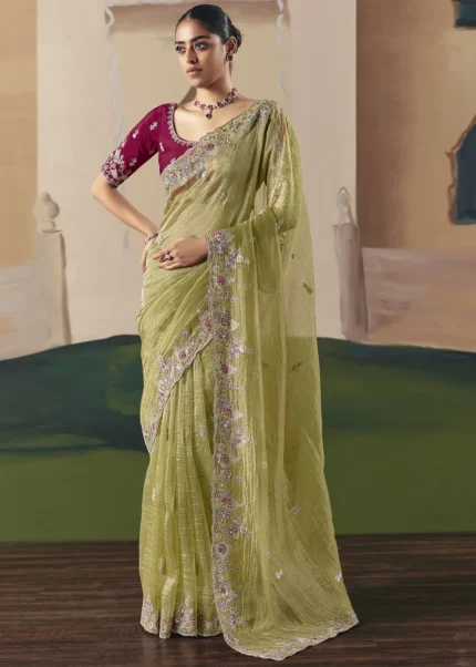 Embroidered Pista Green Organza Saree with Sequins & Stone Work