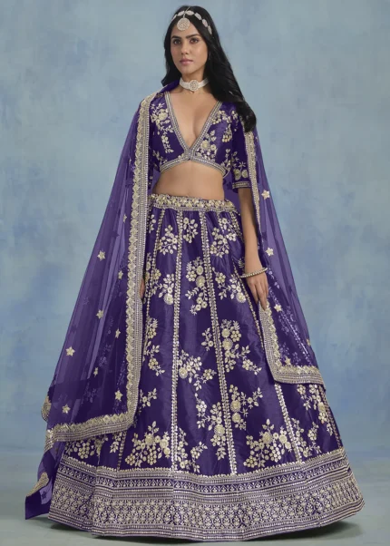 Embroidered Purple Lehenga with Net Dupatta