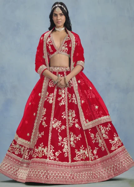 Embroidered Red Lehenga with Net Dupatta