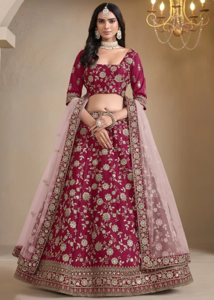 Embroidered Ruby Red Silk Lehenga