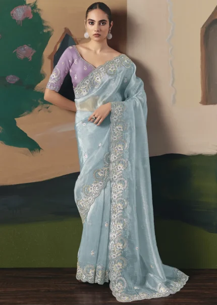 Embroidered Sky Blue Organza Silk Saree