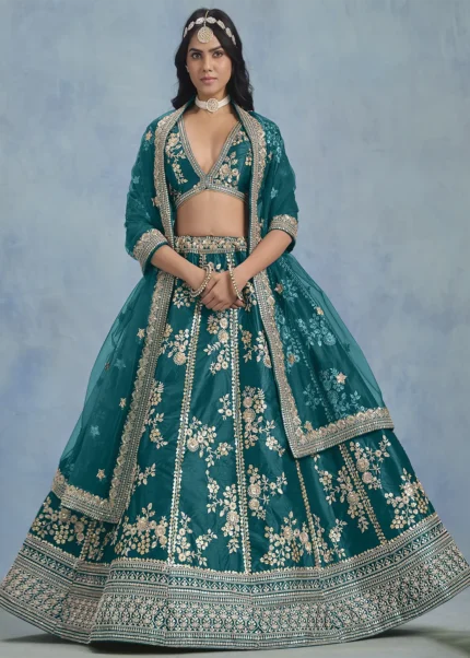 Embroidered Teal Lehenga with Net Dupatta