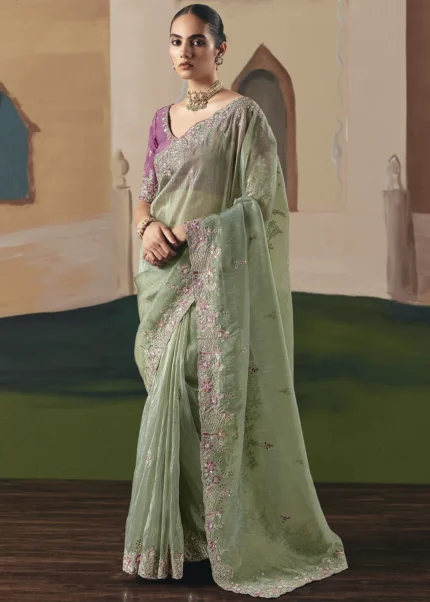 Embroidered Teal Organza Silk Saree
