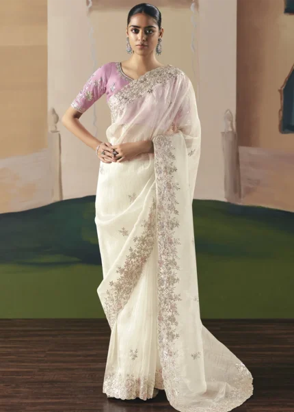 Embroidered White Organza Silk Saree