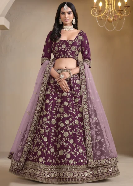 Embroidered Wine Silk Lehenga with Net Dupatta