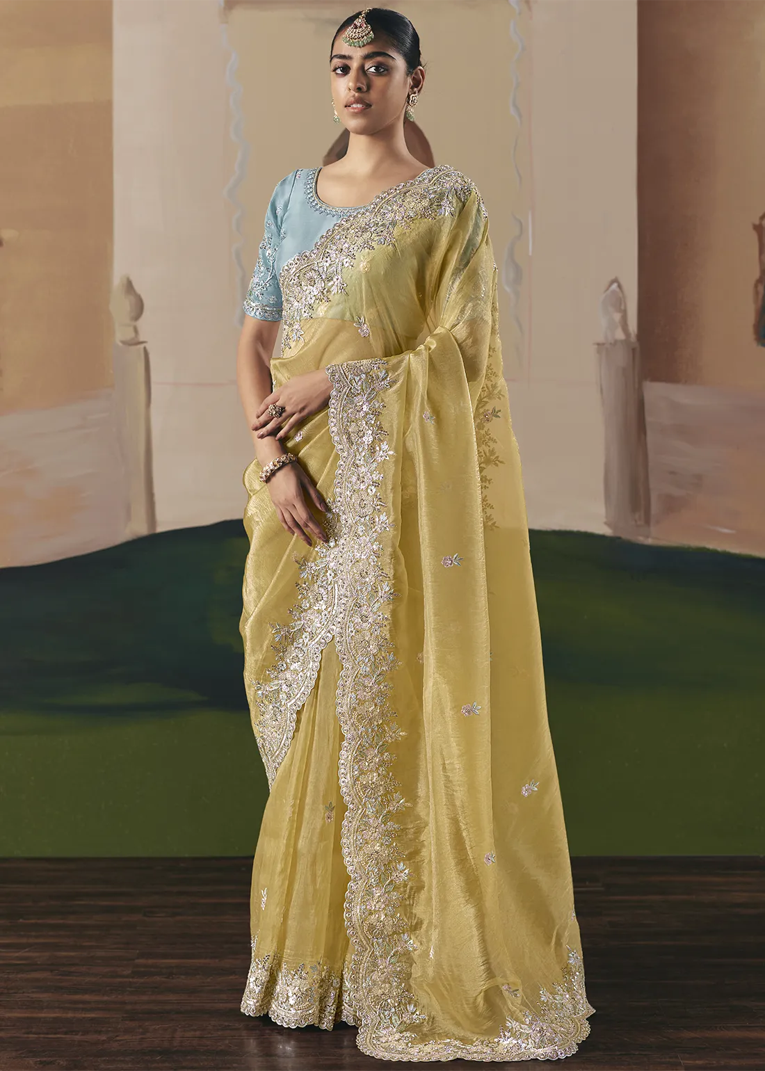 Embroidered Yellow Organza Silk Saree Embroidered Yellow Organza Silk Saree