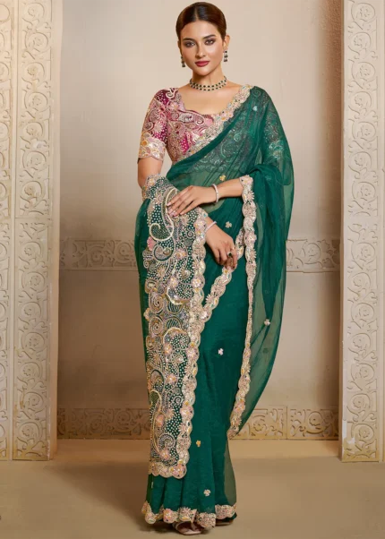 Emerald Green Organza Saree with Heavy Embroidery