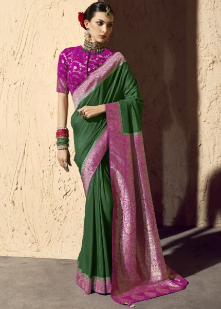Forest Green Georgette Banarasi Saree with Golden Zari