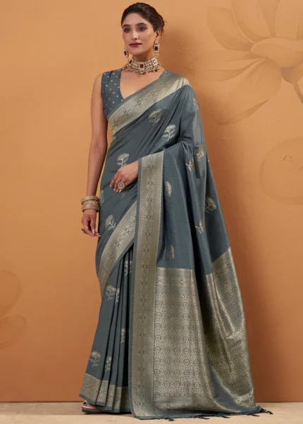 Grey Tussar Silk Banarasi Saree with Intricate Zari Weaving