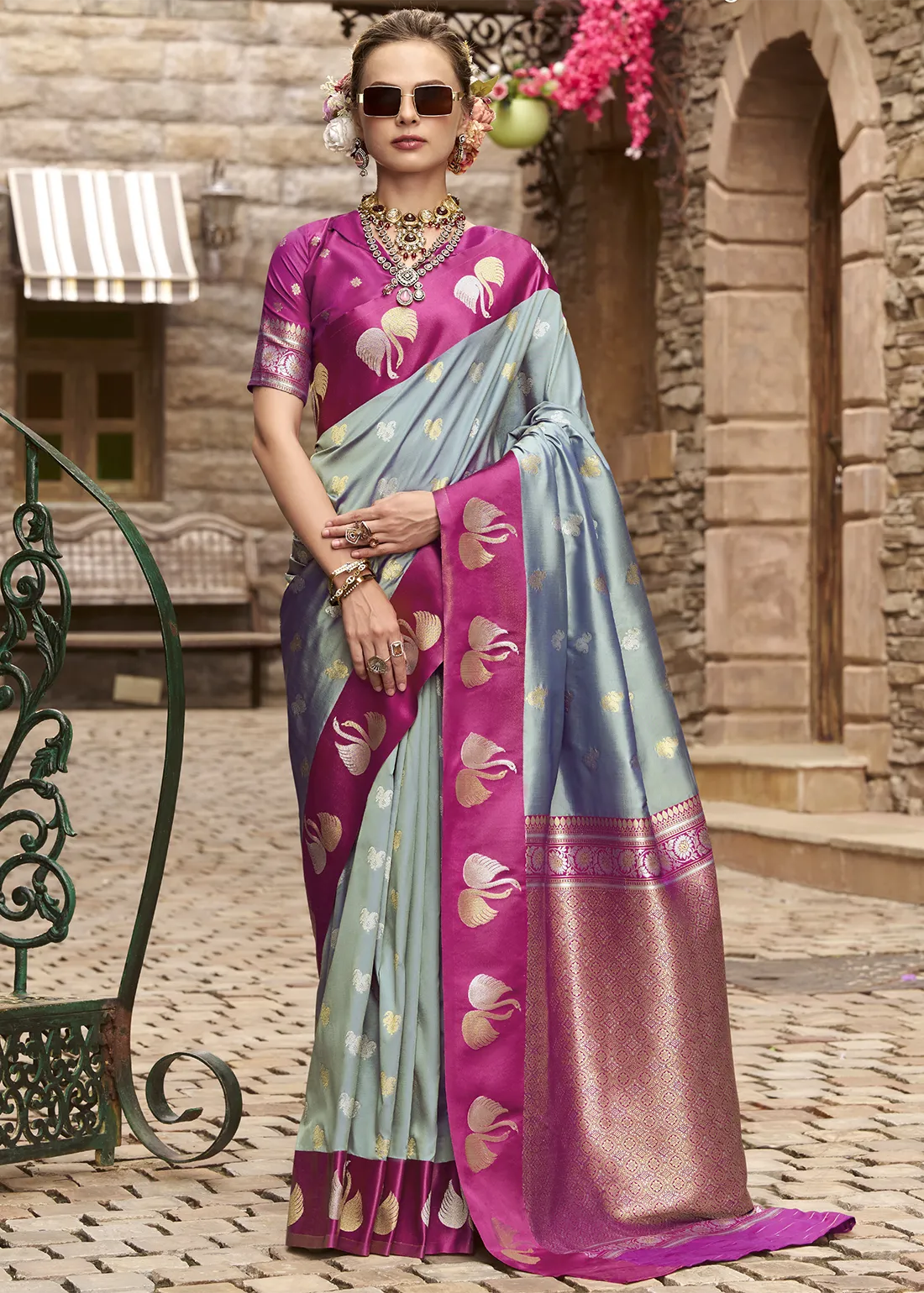 Grey and Rani Pink Banarasi Saree Grey and Rani Pink Banarasi Saree