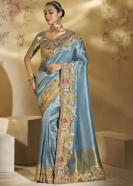 Light Blue Embroidered Silk Saree with Scalloped Border