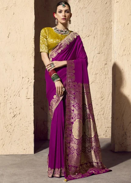 Magenta Georgette Banarasi Saree with Golden Zari