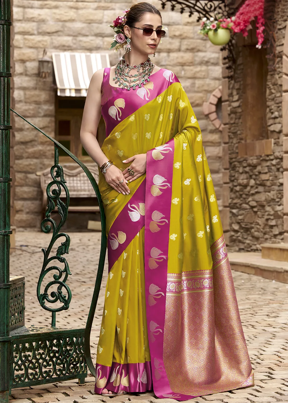 Mustard Yellow and Rani Pink Banarasi Saree Mustard Yellow and Rani Pink Banarasi Saree