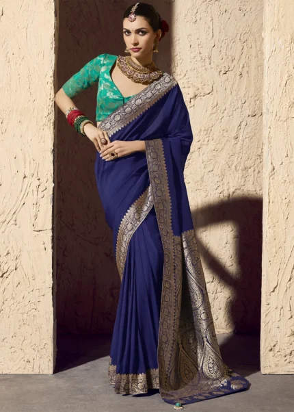 Navy Blue Georgette Banarasi Saree with Golden Zari