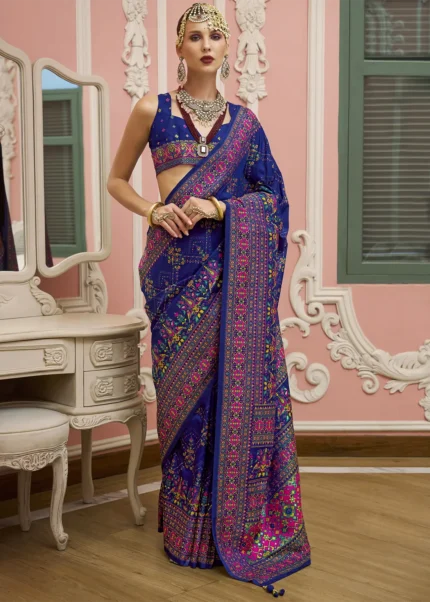 Navy Blue Kashmiri Jamawar Silk Saree