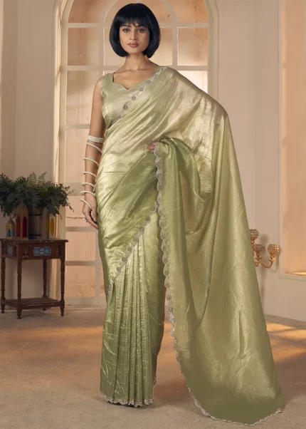 Ombré Olive Tissue Silk Saree with Stone Work