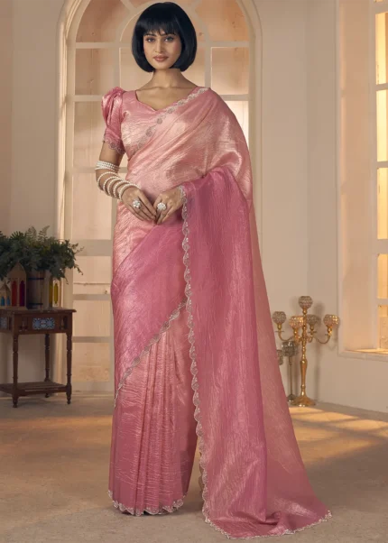 Ombré Peach Tissue Silk Saree with Stone Work