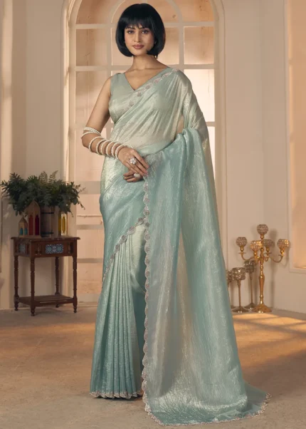 Ombré Teal Tissue Silk Saree with Stone Work