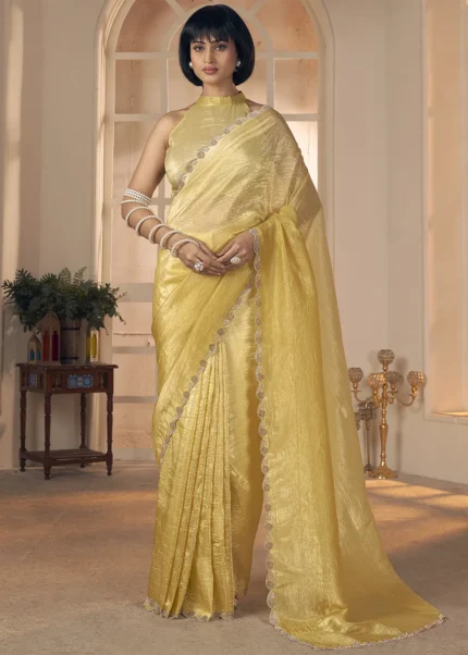 Ombré Yellow Tissue Silk Saree with Stone Work