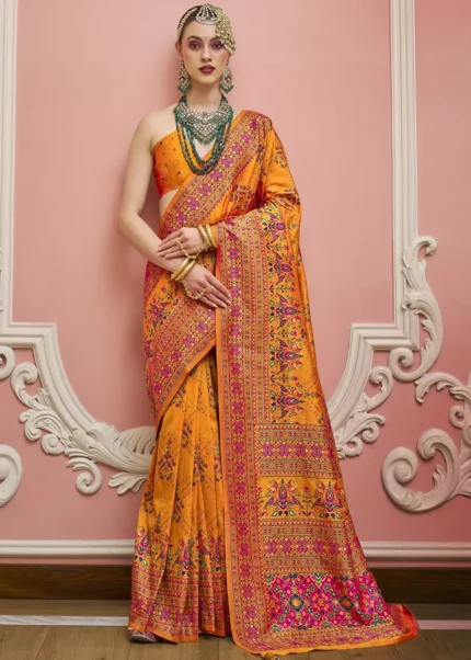 Orange Kashmiri Jamawar Silk Saree