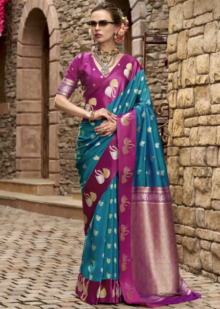 Peacock Blue and Magenta Banarasi Saree