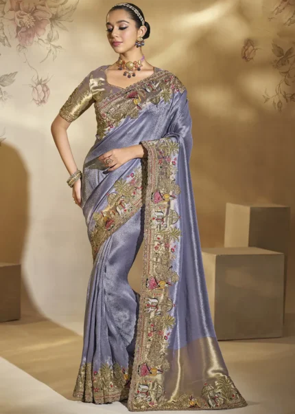 Purple Embroidered Silk Saree with Scalloped Border