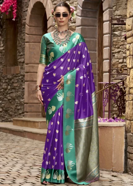 Purple and Emerald Green Banarasi Saree