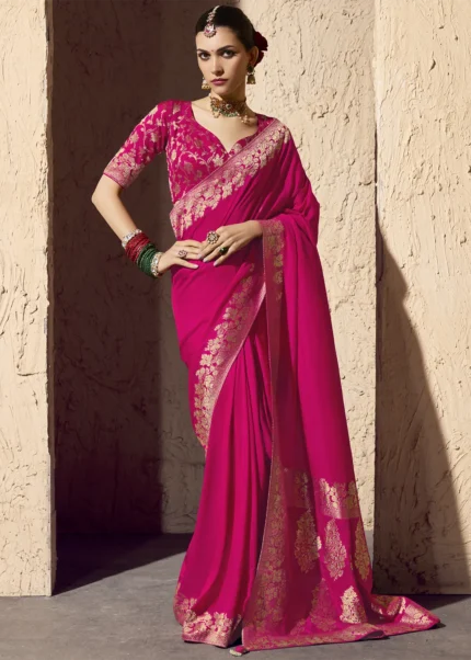 Rani Pink Georgette Banarasi Saree with Golden Zari