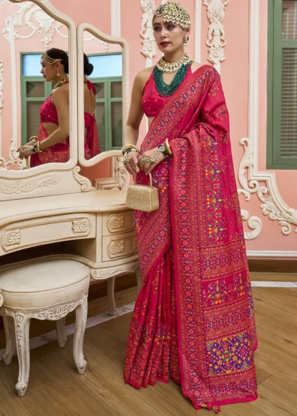 Raspberry Red Kashmiri Jamawar Silk Saree
