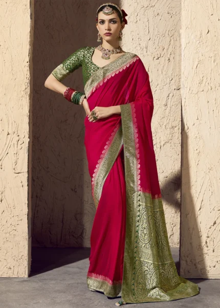 Red & Green Georgette Banarasi Saree with Golden Zari