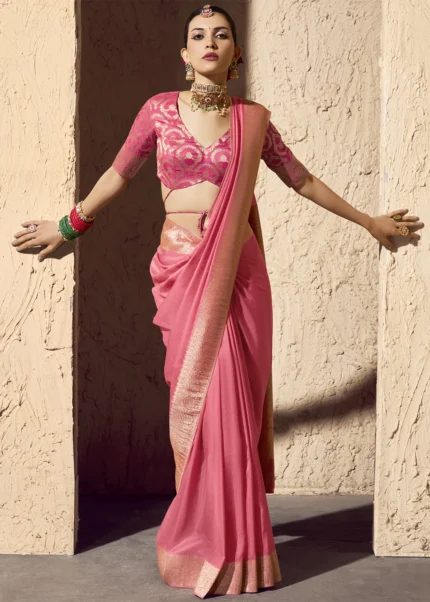 Rose Peach Georgette Banarasi Saree with Golden Zari